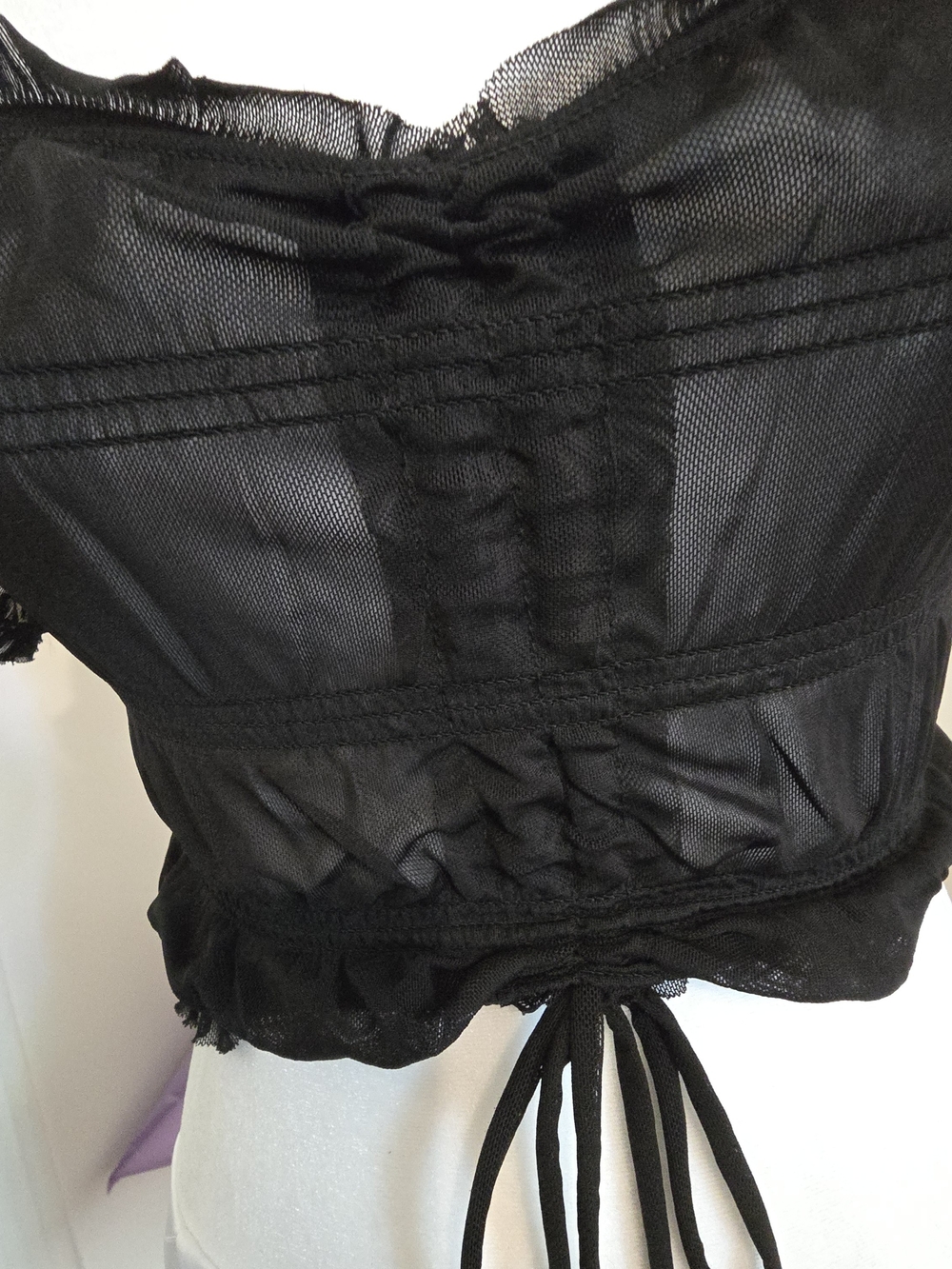 Garage Black Sheer Mesh Ruched Milkmaid Crop Top XS Whimsigoth Puff Sleeve - Picture 3 of 11